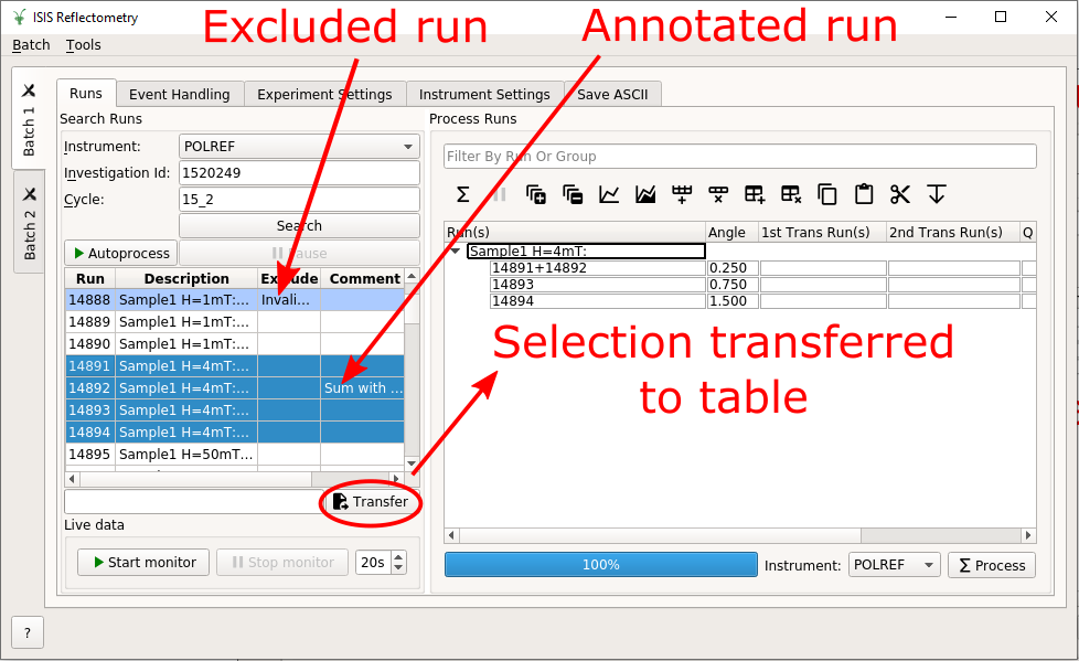 Selecting runs from search table to transfer to processing table
