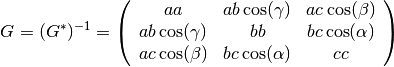 G=(G^*)^{-1}=\left( \begin{array}{ccc}
    aa & ab\cos(\gamma) & ac\cos(\beta) \\
    ab\cos(\gamma) & bb & bc\cos(\alpha) \\
    ac\cos(\beta) & bc\cos(\alpha) & cc \end{array} \right)