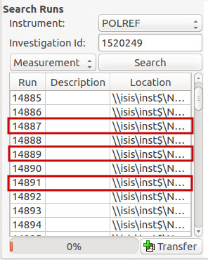 Selecting runs from search table to transfer to processing table