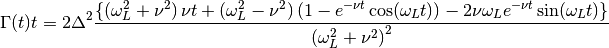 \Gamma(t)t = 2\Delta^2 \frac{\left\{\left(\omega_L^2 + \nu^2\right)\nu t + \left(\omega_L^2-\nu^2\right)\left(1-e^{-\nu t}\cos(\omega_L t)\right) - 2\nu\omega_L e^{-\nu t}\sin(\omega_L t)\right\}}{\left(\omega_L^2 + \nu^2\right)^2}