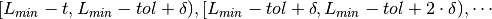 [L_{min}-t, L_{min}-tol+\delta), [L_{min}-tol+\delta, L_{min}-tol+2\cdot\delta), \cdots