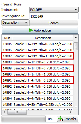 Selecting runs from search table to transfer to processing table