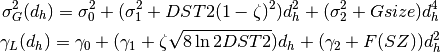 \sigma_G^2(d_h) = \sigma_0^2 + (\sigma_1^2 + DST2(1-\zeta)^2)d_h^2 + (\sigma_2^2 + Gsize)d_h^4
\gamma_L(d_h) = \gamma_0 + (\gamma_1 + \zeta\sqrt{8\ln2DST2})d_h + (\gamma_2+F(SZ))d_h^2