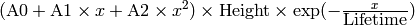 (\mbox{A0}+\mbox{A1}\times x+\mbox{A2}\times x^2) \times  \mbox{Height}\times \exp(-\frac{x}{\mbox{Lifetime}})