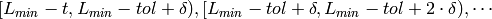 [L_{min}-t, L_{min}-tol+\delta), [L_{min}-tol+\delta, L_{min}-tol+2\cdot\delta), \cdots