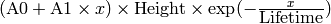 (\mbox{A0}+\mbox{A1}\times x) \times  \mbox{Height}\times \exp(-\frac{x}{\mbox{Lifetime}})