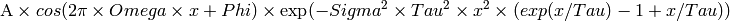 \mbox{A}\times cos( 2 \pi \times {Omega} \times {x} + {Phi} ) \times \exp(-{Sigma}^2 \times Tau^2 \times {x}^2 \times ( exp ( {x} / Tau ) - 1 + {x} / Tau ) )