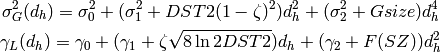 \sigma_G^2(d_h) = \sigma_0^2 + (\sigma_1^2 + DST2(1-\zeta)^2)d_h^2 + (\sigma_2^2 + Gsize)d_h^4

\gamma_L(d_h) = \gamma_0 + (\gamma_1 + \zeta\sqrt{8\ln2DST2})d_h + (\gamma_2+F(SZ))d_h^2