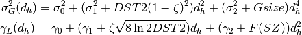 \sigma_G^2(d_h) = \sigma_0^2 + (\sigma_1^2 + DST2(1-\zeta)^2)d_h^2 + (\sigma_2^2 + Gsize)d_h^4 \\

\gamma_L(d_h) = \gamma_0 + (\gamma_1 + \zeta\sqrt{8\ln2DST2})d_h + (\gamma_2+F(SZ))d_h^2