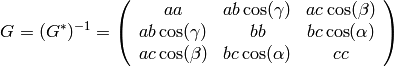 G=(G^*)^{-1}=\left( \begin{array}{ccc}
    aa & ab\cos(\gamma) & ac\cos(\beta) \\
    ab\cos(\gamma) & bb & bc\cos(\alpha) \\
    ac\cos(\beta) & bc\cos(\alpha) & cc \end{array} \right)