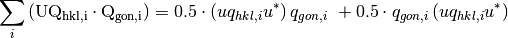 \sum_i \left(\rm U \rm Q_{hkl,i} \cdot \rm Q_{gon,i}\right) = 0.5 \cdot \left(u q_{hkl,i} u^*\right) q_{gon,i}\ + 0.5 \cdot q_{gon,i} \left(u q_{hkl,i} u^*\right)