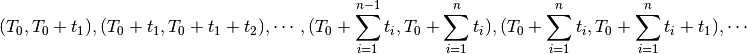 (T_0, T_0+t_1), (T_0+t_1, T_0+t_1+t_2), \cdots, (T_0+\sum_{i=1}^{n-1}t_i, T_0+\sum_{i=1}^nt_i), (T_0+\sum_{i=1}^nt_i, T_0+\sum_{i=1}^nt_i+t_1), \cdots