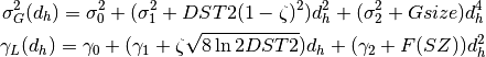 \sigma_G^2(d_h) = \sigma_0^2 + (\sigma_1^2 + DST2(1-\zeta)^2)d_h^2 + (\sigma_2^2 + Gsize)d_h^4 \\
\gamma_L(d_h) = \gamma_0 + (\gamma_1 + \zeta\sqrt{8\ln2DST2})d_h + (\gamma_2+F(SZ))d_h^2