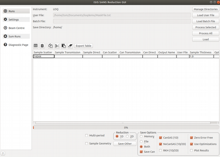 The run tab of the main ISIS SANS interface.