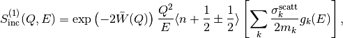 S^{(1)}_{\mathrm{inc}}(Q,E) = \exp\left(-2\bar{W}(Q)\right) \frac{Q^2}{E} \langle n+\frac{1}{2}\pm\frac{1}{2} \rangle \left[ \sum_k \frac{\sigma_k^{\mathrm{scatt}}}{2m_k} g_k(E) \right],