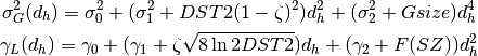\sigma_G^2(d_h) = \sigma_0^2 + (\sigma_1^2 + DST2(1-\zeta)^2)d_h^2 + (\sigma_2^2 + Gsize)d_h^4 \\

\gamma_L(d_h) = \gamma_0 + (\gamma_1 + \zeta\sqrt{8\ln2DST2})d_h + (\gamma_2+F(SZ))d_h^2