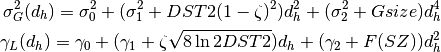 \sigma_G^2(d_h) = \sigma_0^2 + (\sigma_1^2 + DST2(1-\zeta)^2)d_h^2 + (\sigma_2^2 + Gsize)d_h^4

\gamma_L(d_h) = \gamma_0 + (\gamma_1 + \zeta\sqrt{8\ln2DST2})d_h + (\gamma_2+F(SZ))d_h^2