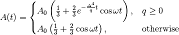 A(t)= \begin{cases} A_0\left(\frac13+\frac23e^{-\frac{\Delta^4}{q}t}\cos{\omega t}\right), & q\geq 0 \\ A_0\left(\frac13+\frac23\cos{\omega t}\right), & \text{otherwise} \end{cases}