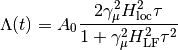 \Lambda(t)= A_0\frac{2\gamma^2_\mu H^2_\text{loc}\tau}{1+\gamma^2_\mu H^2_\text{LF} \tau^2}