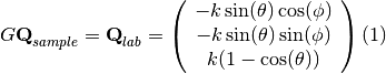 G \textbf{Q}_{sample} = \textbf{Q}_{lab} = \left(\begin{array}{c}
-k\sin(\theta)\cos(\phi) \\
-k\sin(\theta)\sin(\phi) \\
k (1-\cos(\theta))
\end{array}\right) (1)