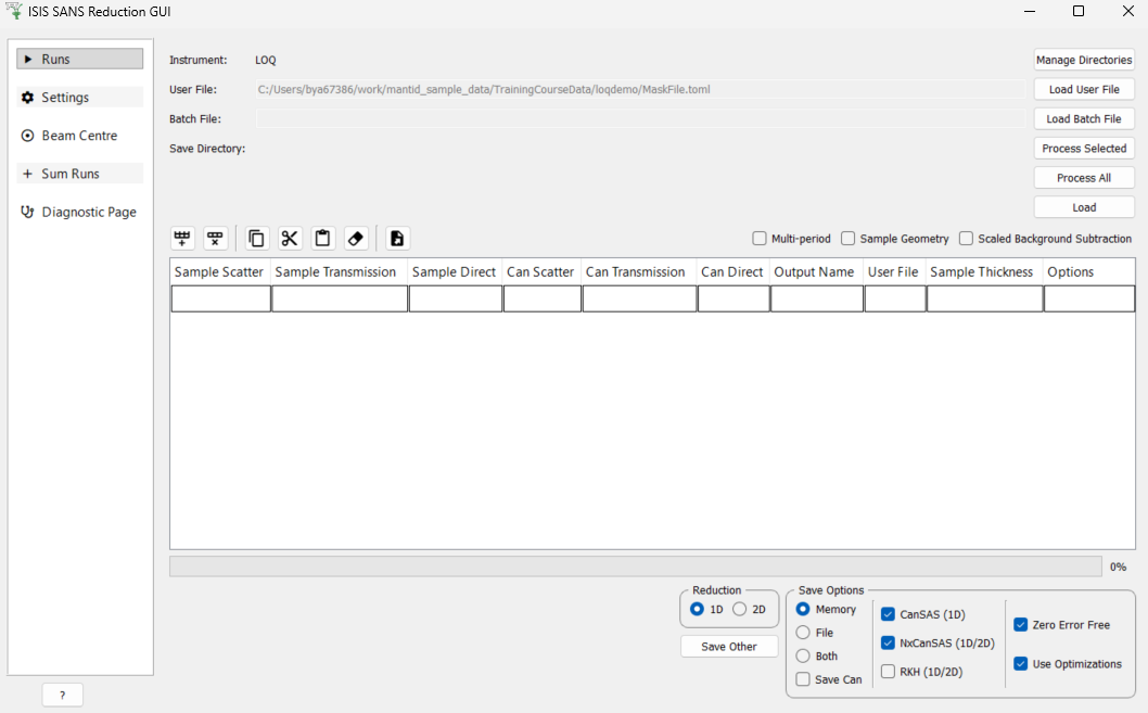 The run tab of the main ISIS SANS interface.