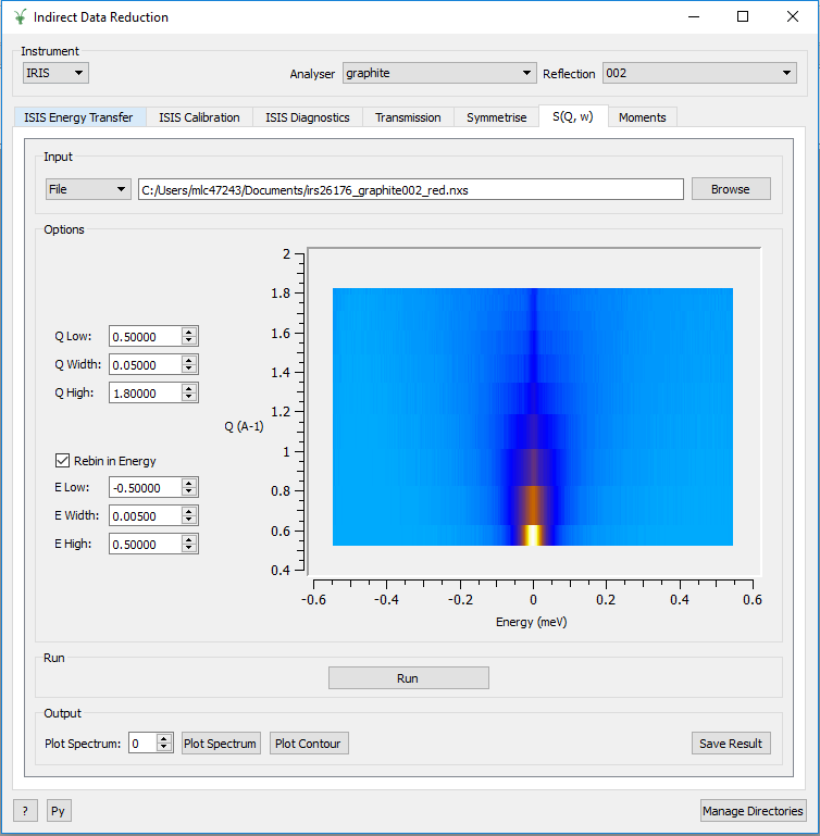 The automatic contour plot which is plotted on the S(Q, w) tab.